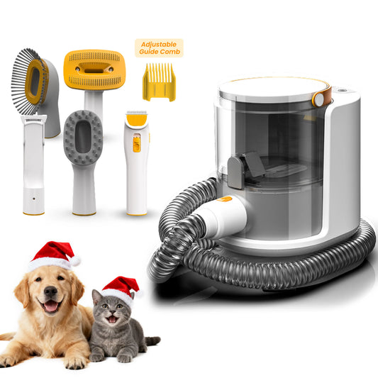 PUPPYOO 5-In-1 Professional Dog Grooming Kit with 13000Pa Vacuum, 1.5L Dust Cup, 4M Cord, Whisper-Quiet Operation, Adjustable Guard Combs, and Hair Remover Roller for Dogs and Cats