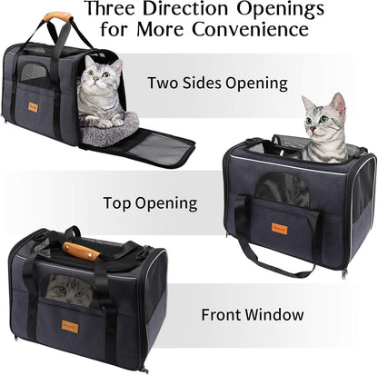 Portable Cat Carrier Bag for Small Pets, Foldable Soft-Sided Transport Carrier, Airline Approved with Shoulder Strap, Removable Mat, and Pet Bowl