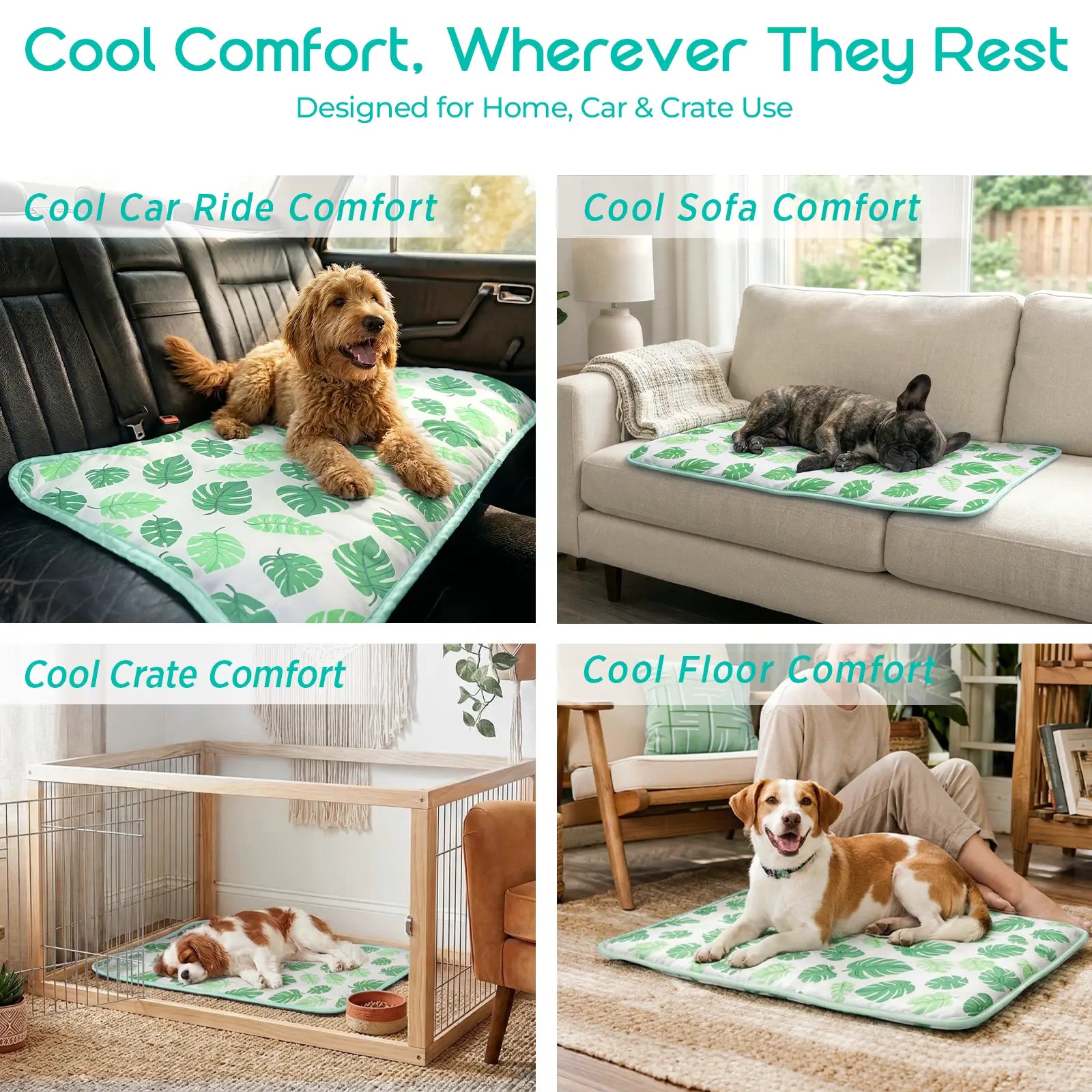 Dog Cooling Mat for Pets, Soft and Breathable Self-Cooling Pad, 23" x 18" Non-Slip Washable Mat for Indoor and Outdoor Use, Leaf Design