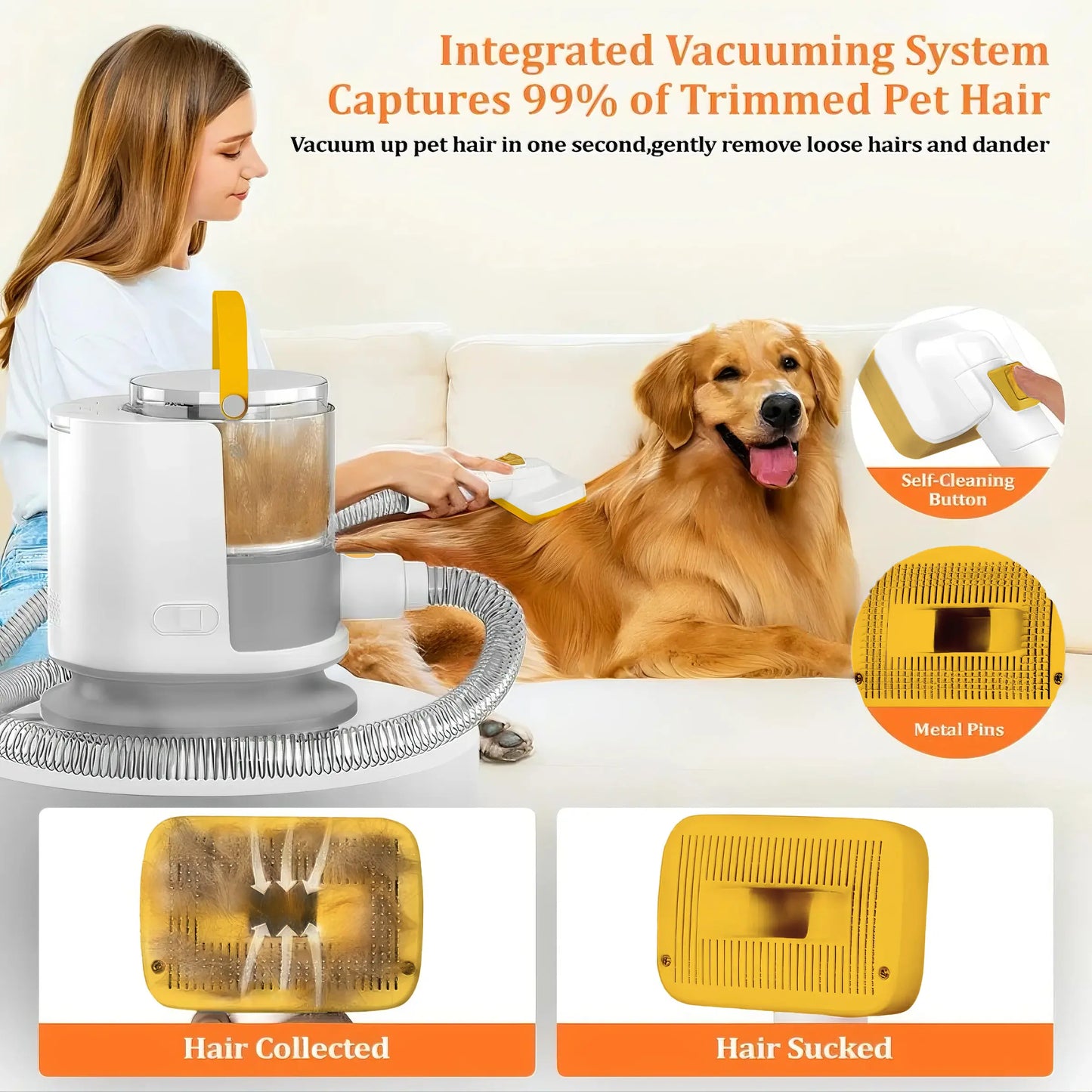 PUPPYOO 5-In-1 Professional Dog Grooming Kit with 13000Pa Vacuum, 1.5L Dust Cup, 4M Cord, Whisper-Quiet Operation, Adjustable Guard Combs, and Hair Remover Roller for Dogs and Cats
