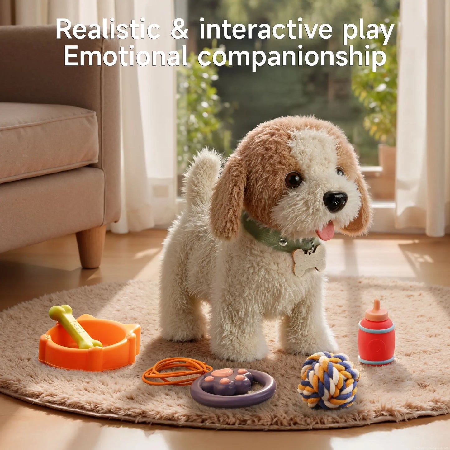 TUMAMA Interactive Realistic Puppy Toy - Walking and Barking Plush Dog with Leash, Songs, Touch and Voice Activation, DIY Feeding Set for Imaginative Play and Emotional Development