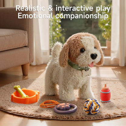 TUMAMA Interactive Realistic Puppy Toy - Walking and Barking Plush Dog with Leash, Songs, Touch and Voice Activation, DIY Feeding Set for Imaginative Play and Emotional Development