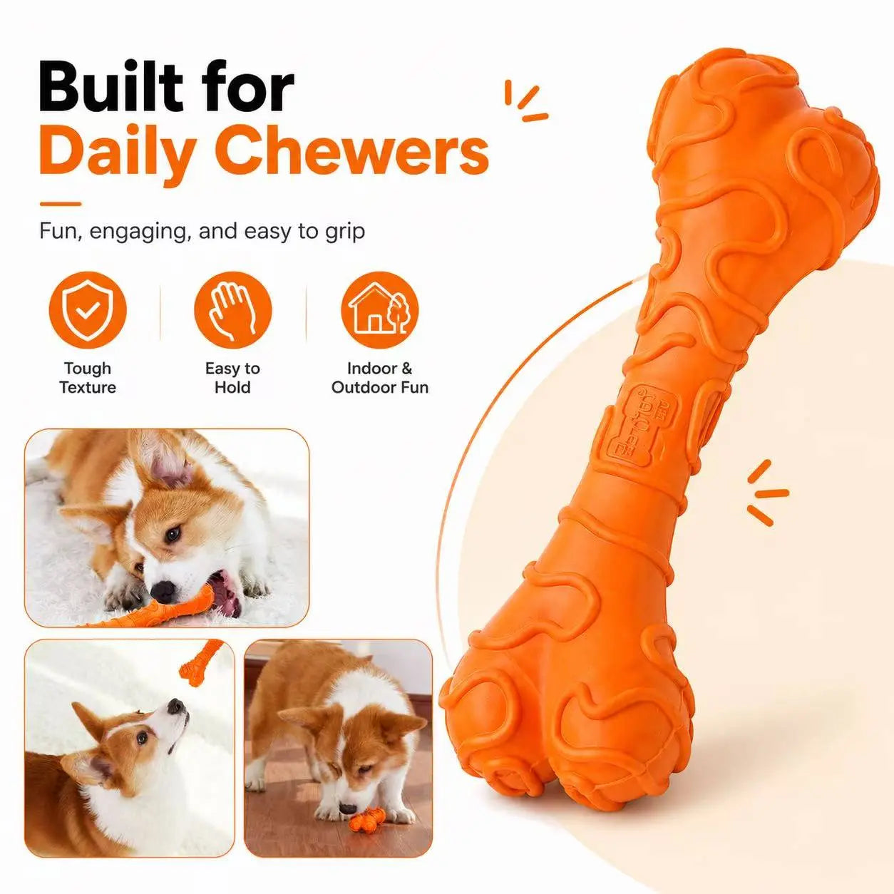 Durable Textured Rubber Chew Bone Toy for Small Dogs - Interactive Dental Toy for Teeth Cleaning and Play, Orange