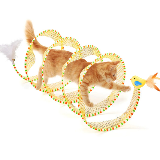 Potaroma Collapsible Spiral Cat Tunnel Toy with Feather and Bell for Indoor Cats, 20" Unfolded