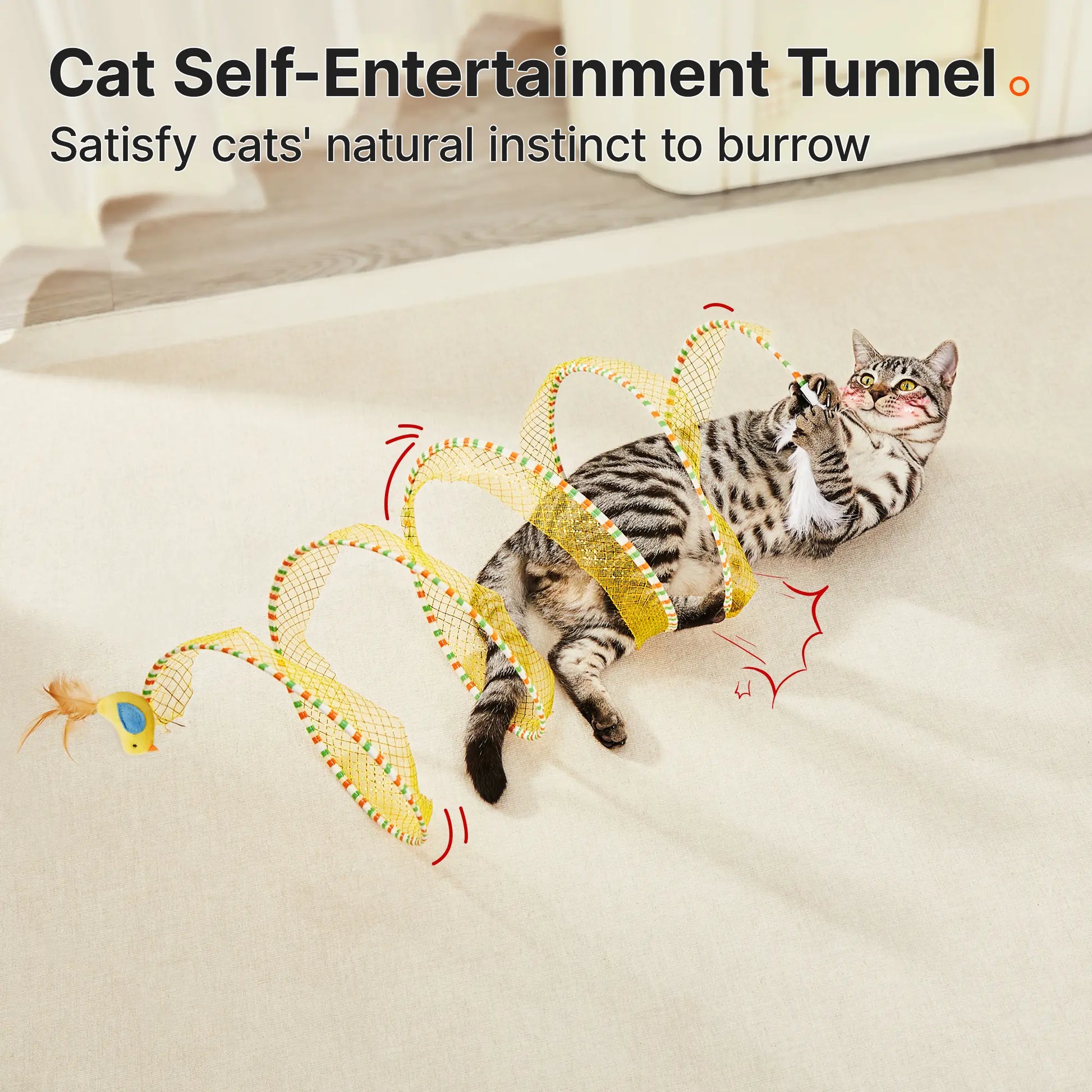 Potaroma Collapsible Spiral Cat Tunnel Toy with Feather and Bell for Indoor Cats, 20" Unfolded