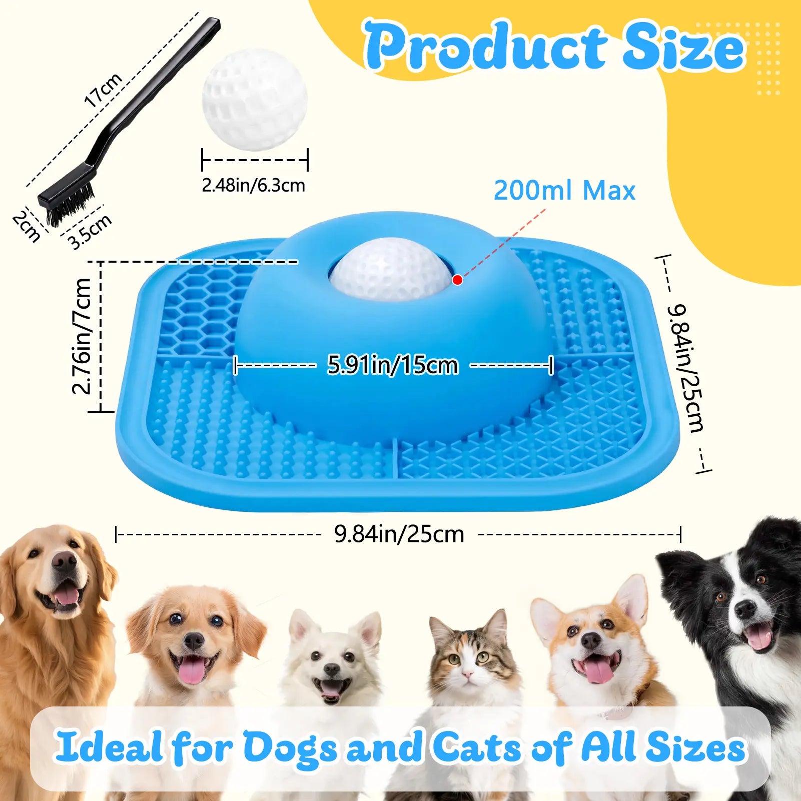Anti-Slip Slow Feeder Dog Bowl and Lick Mat with Interactive Rolling Ball for Liquid and Thick Treats, Suitable for Large, Medium, and Small Dogs and Cats - Blue, 5/6 Cup Capacity