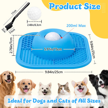 Anti-Slip Slow Feeder Dog Bowl and Lick Mat with Interactive Rolling Ball for Liquid and Thick Treats, Suitable for Large, Medium, and Small Dogs and Cats - Blue, 5/6 Cup Capacity