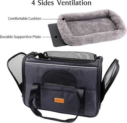 Portable Cat Carrier Bag for Small Pets, Foldable Soft-Sided Transport Carrier, Airline Approved with Shoulder Strap, Removable Mat, and Pet Bowl