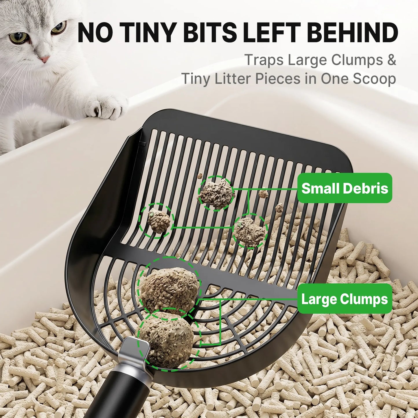 Potaroma Heavy-Duty Stainless Steel One-Piece Cat Litter Scoop with Fast Sifting Flat Edge and Rust Resistance, Includes Hook & Loop for Convenient Hanging