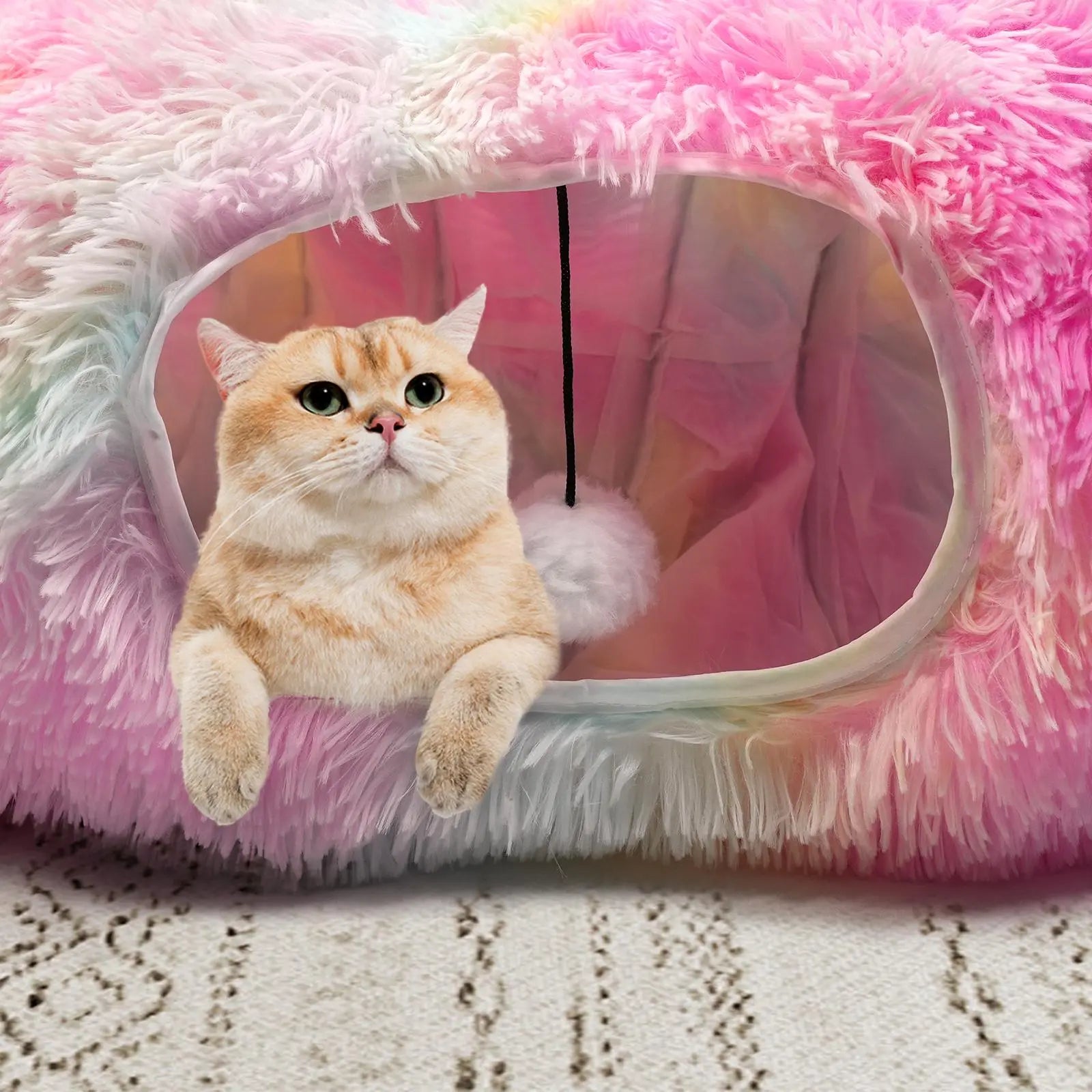 2-in-1 Foldable Winter Warm Pet Bed and Tunnel for Cats and Kittens, Plush Design with Hanging Ball and Tunnel Buckle, Ideal for Indoor and Outdoor Use