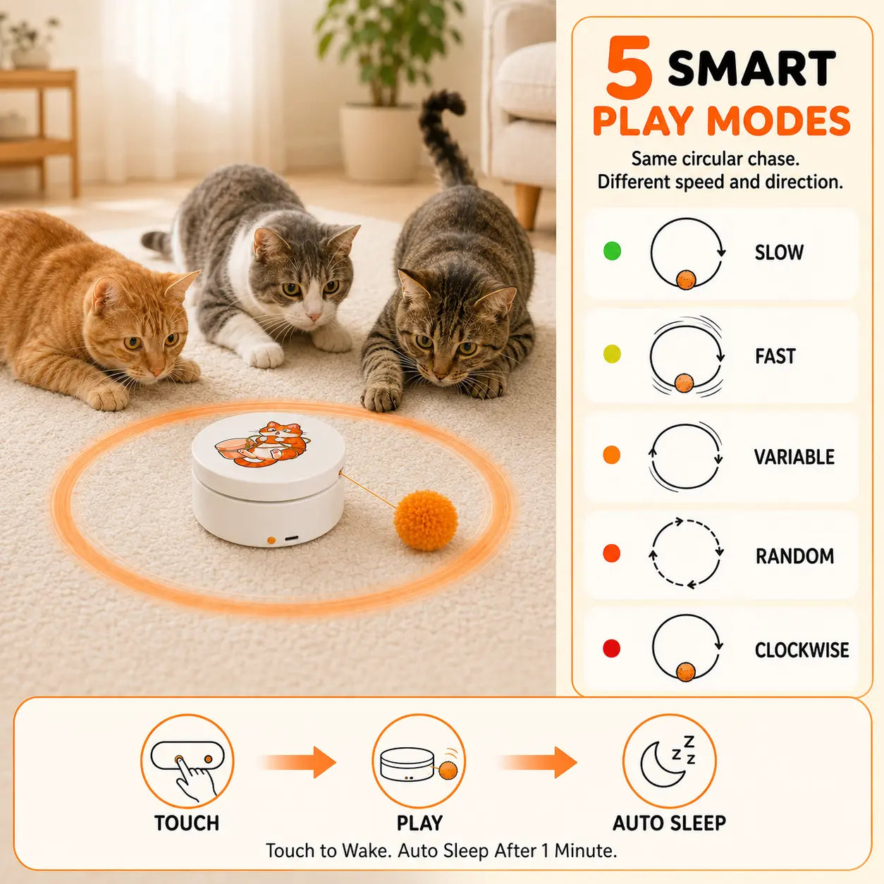 Smart Rotating Cat Teaser - Rechargeable Interactive Toy with 5 Play Modes, Touch Activation, Auto Sleep Feature, Multi-Surface Mounting, and Replaceable String for Indoor Cats and Kittens