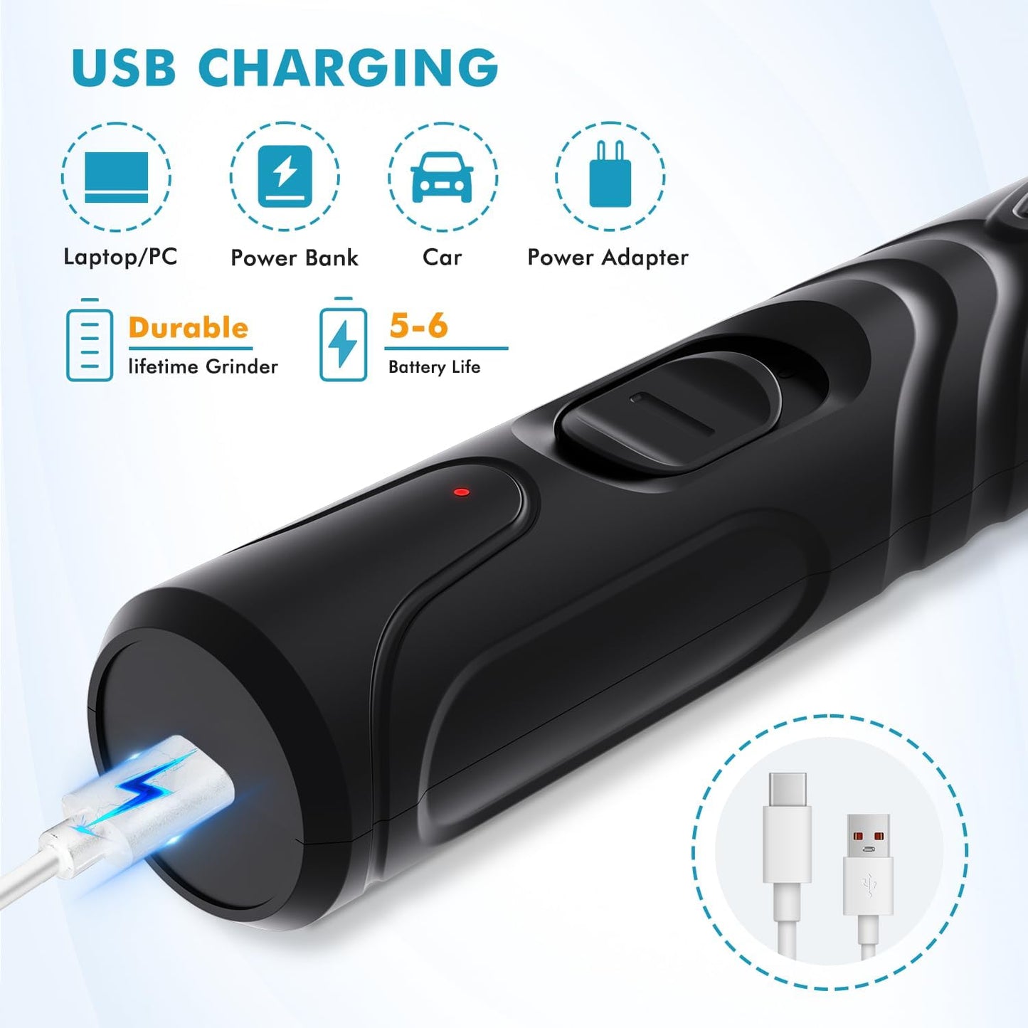 Professional Electric Dog Nail Grinder with LED Light - Silent and Safe Nail Trimmer for Dogs and Cats of All Breeds, Includes 3 Grinding Wheels and Nail Clipper (Black)