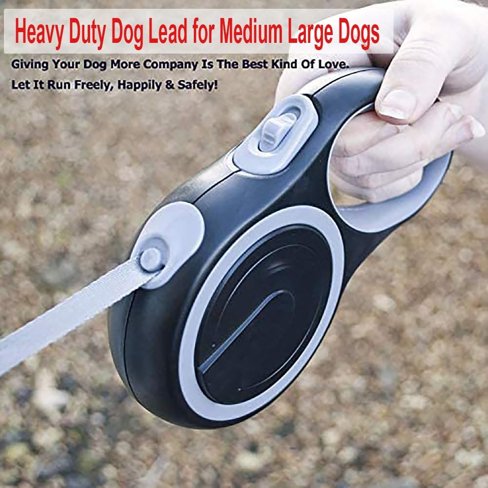 Durable 5M (16Ft) Retractable Dog Leash in Gray, Heavy-Duty Nylon Tape with Anti-Bite Steel Chain for Medium to Large Dogs
