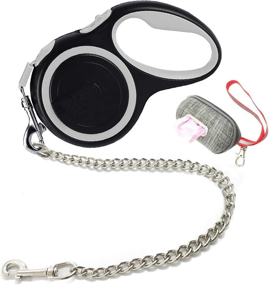 Durable 5M (16Ft) Retractable Dog Leash in Gray, Heavy-Duty Nylon Tape with Anti-Bite Steel Chain for Medium to Large Dogs