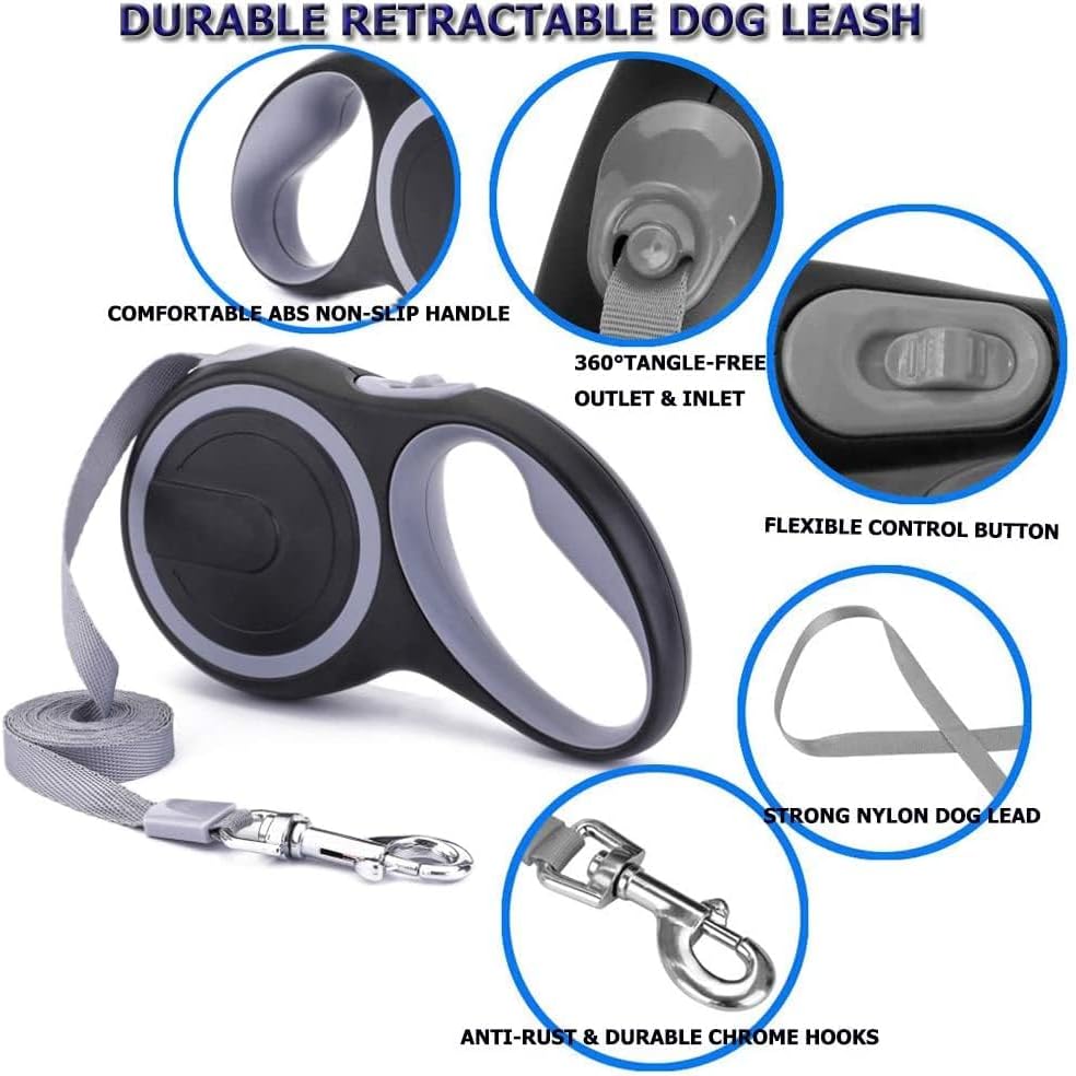 Durable 5M (16Ft) Retractable Dog Leash in Gray, Heavy-Duty Nylon Tape with Anti-Bite Steel Chain for Medium to Large Dogs