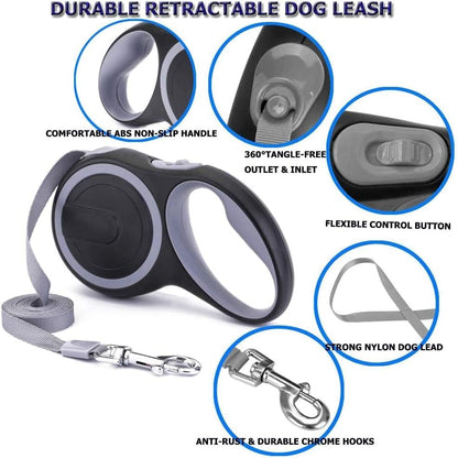 Durable 5M (16Ft) Retractable Dog Leash in Gray, Heavy-Duty Nylon Tape with Anti-Bite Steel Chain for Medium to Large Dogs