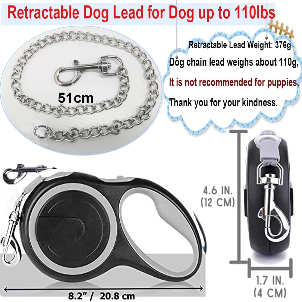 Durable 5M (16Ft) Retractable Dog Leash in Gray, Heavy-Duty Nylon Tape with Anti-Bite Steel Chain for Medium to Large Dogs