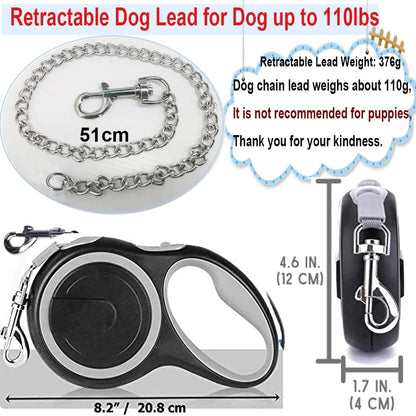 Durable 5M (16Ft) Retractable Dog Leash in Gray, Heavy-Duty Nylon Tape with Anti-Bite Steel Chain for Medium to Large Dogs