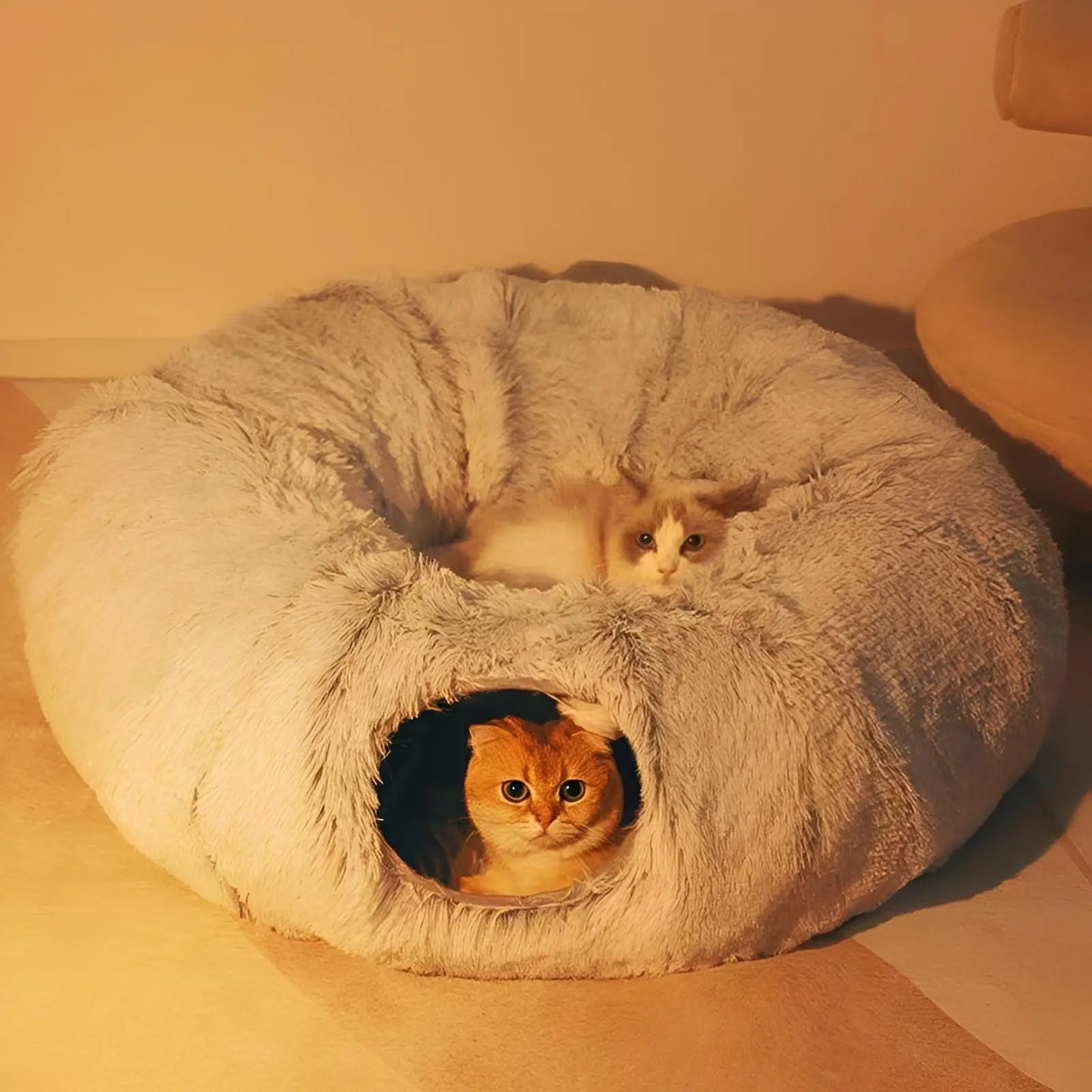 2-in-1 Foldable Winter Warm Pet Bed and Tunnel for Cats and Kittens, Plush Design with Hanging Ball and Tunnel Buckle, Ideal for Indoor and Outdoor Use