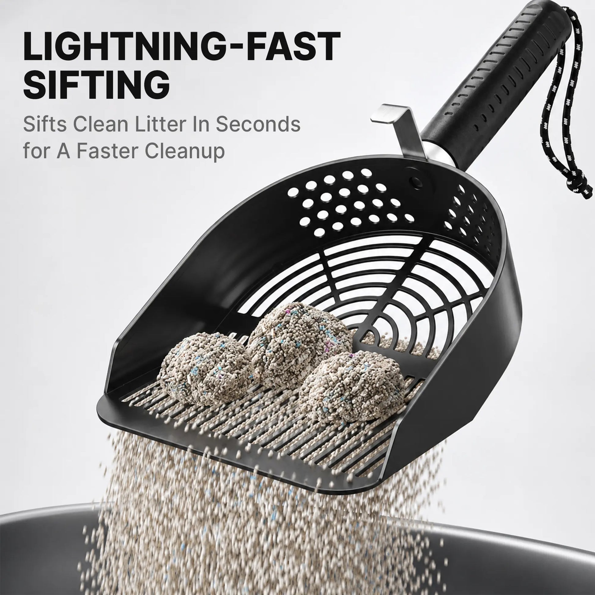 Potaroma Heavy-Duty Stainless Steel One-Piece Cat Litter Scoop with Fast Sifting Flat Edge and Rust Resistance, Includes Hook & Loop for Convenient Hanging