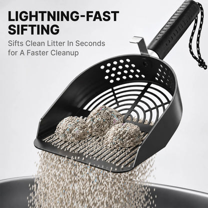 Potaroma Heavy-Duty Stainless Steel One-Piece Cat Litter Scoop with Fast Sifting Flat Edge and Rust Resistance, Includes Hook & Loop for Convenient Hanging