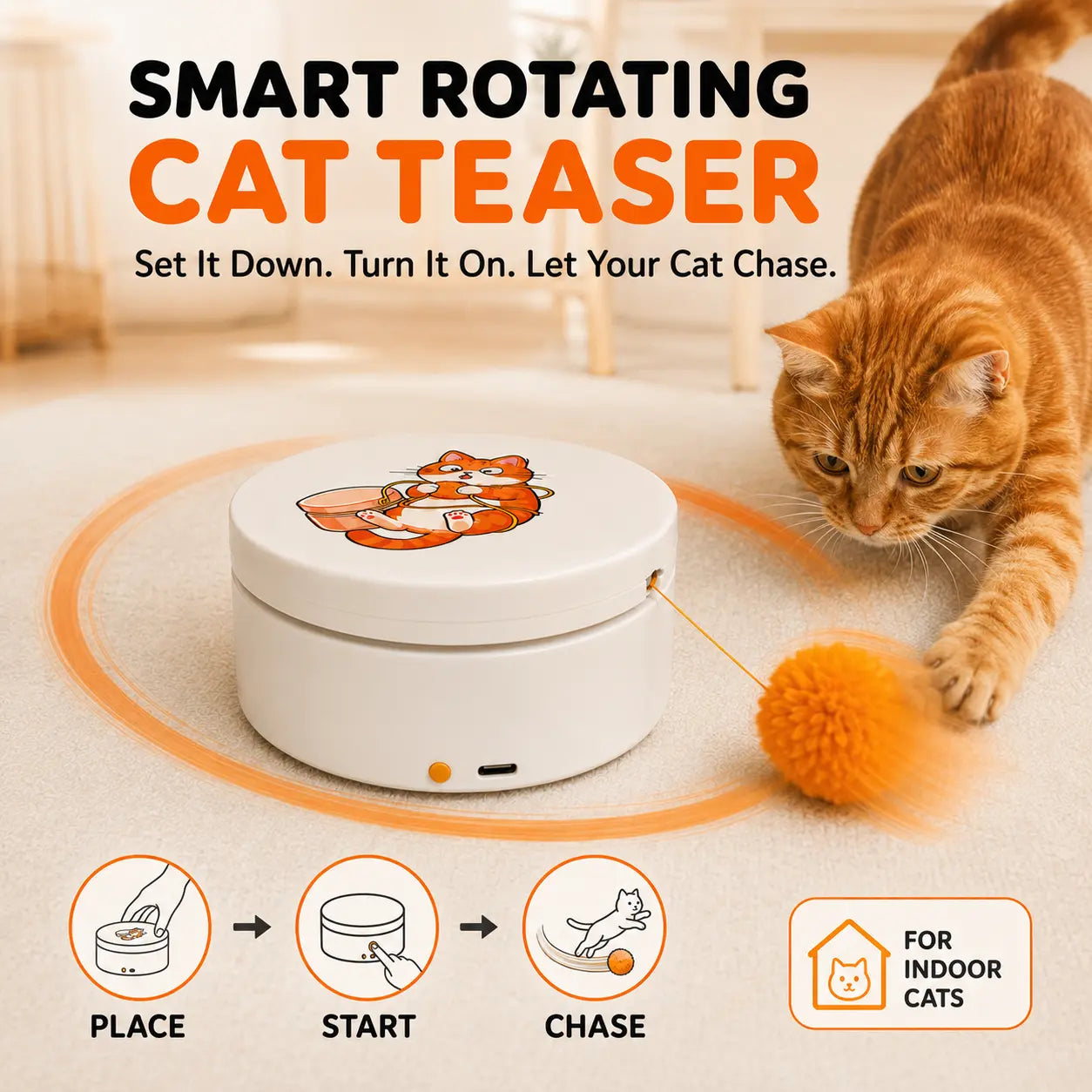 Smart Rotating Cat Teaser - Rechargeable Interactive Toy with 5 Play Modes, Touch Activation, Auto Sleep Feature, Multi-Surface Mounting, and Replaceable String for Indoor Cats and Kittens
