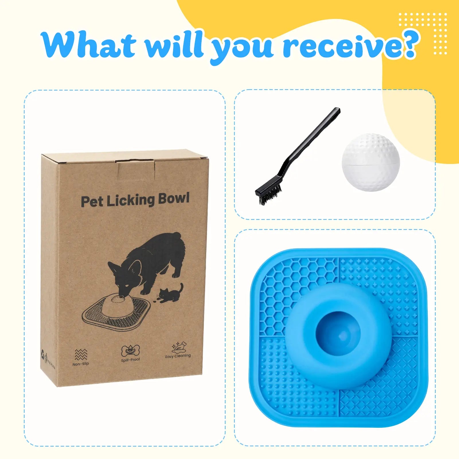 Anti-Slip Slow Feeder Dog Bowl and Lick Mat with Interactive Rolling Ball for Liquid and Thick Treats, Suitable for Large, Medium, and Small Dogs and Cats - Blue, 5/6 Cup Capacity