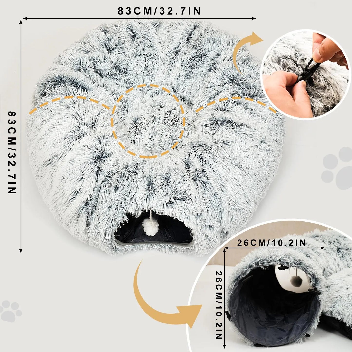 2-in-1 Foldable Winter Warm Pet Bed and Tunnel for Cats and Kittens, Plush Design with Hanging Ball and Tunnel Buckle, Ideal for Indoor and Outdoor Use