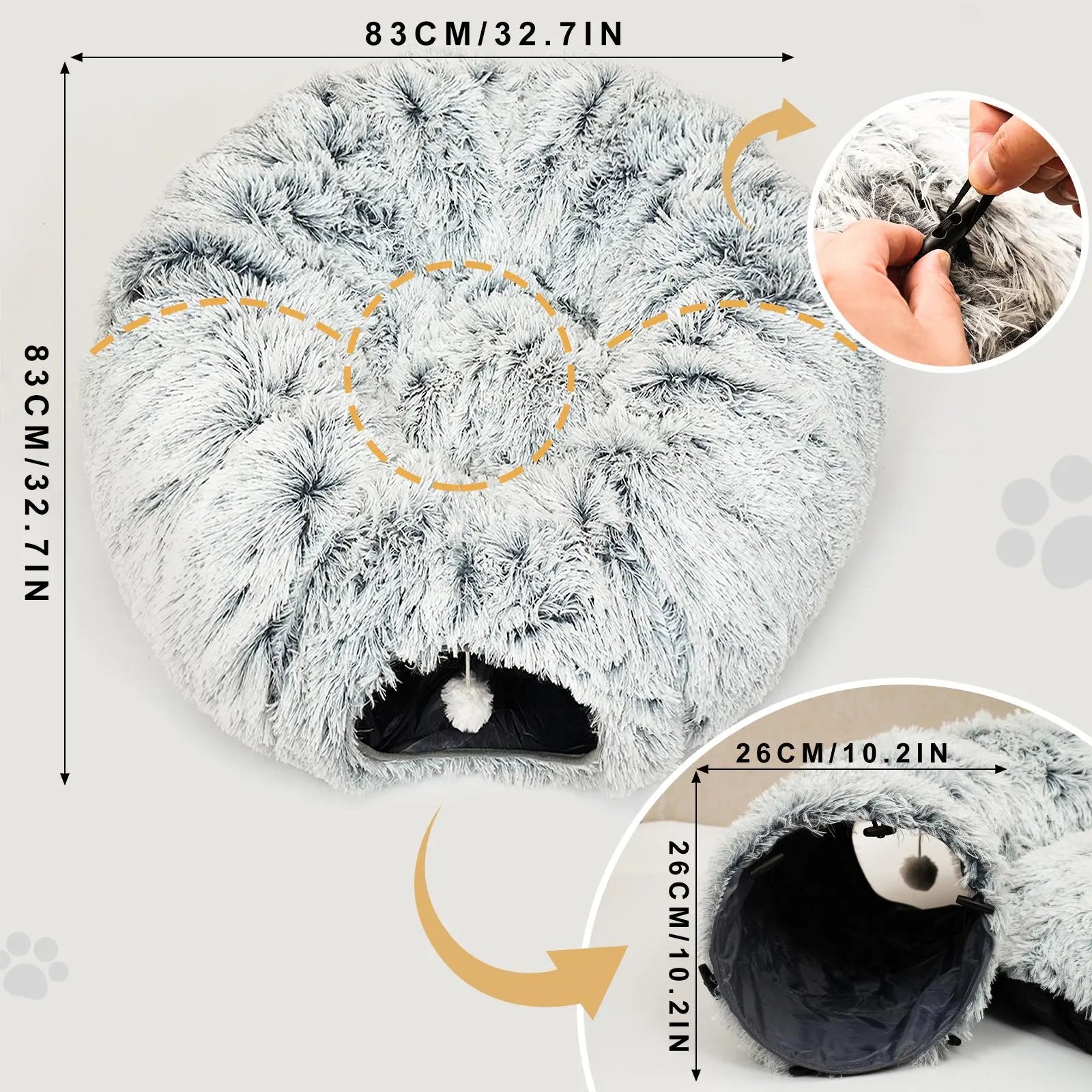 2-in-1 Foldable Winter Warm Pet Bed and Tunnel for Cats and Kittens, Plush Design with Hanging Ball and Tunnel Buckle, Ideal for Indoor and Outdoor Use