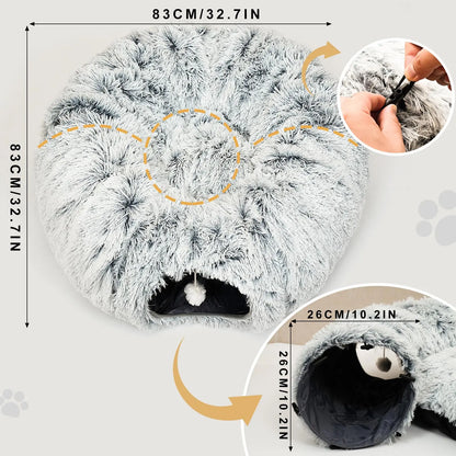 2-in-1 Foldable Winter Warm Pet Bed and Tunnel for Cats and Kittens, Plush Design with Hanging Ball and Tunnel Buckle, Ideal for Indoor and Outdoor Use