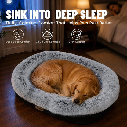 Premium Large Orthopedic Dog Bed with Bolster - 90cm, Plush Faux Fur, Easy Access Design, Washable Cover, Waterproof Liner, Ideal Support for Extra-Large Breeds