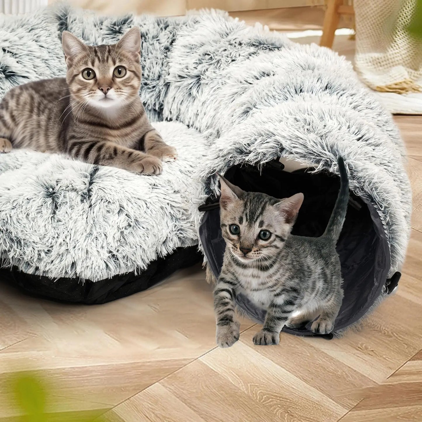 2-in-1 Foldable Winter Warm Pet Bed and Tunnel for Cats and Kittens, Plush Design with Hanging Ball and Tunnel Buckle, Ideal for Indoor and Outdoor Use
