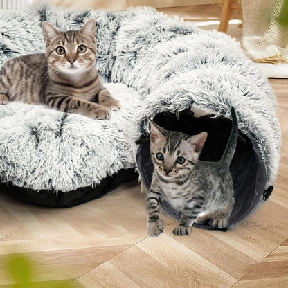 2-in-1 Foldable Winter Warm Pet Bed and Tunnel for Cats and Kittens, Plush Design with Hanging Ball and Tunnel Buckle, Ideal for Indoor and Outdoor Use