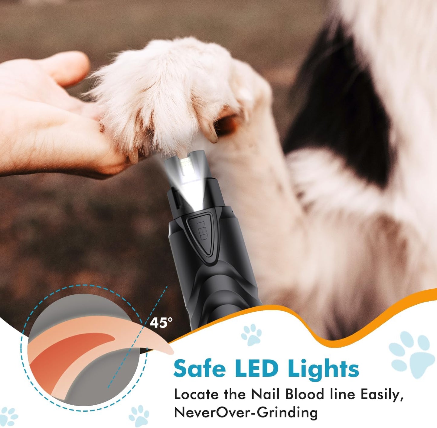 Professional Electric Dog Nail Grinder with LED Light - Silent and Safe Nail Trimmer for Dogs and Cats of All Breeds, Includes 3 Grinding Wheels and Nail Clipper (Black)