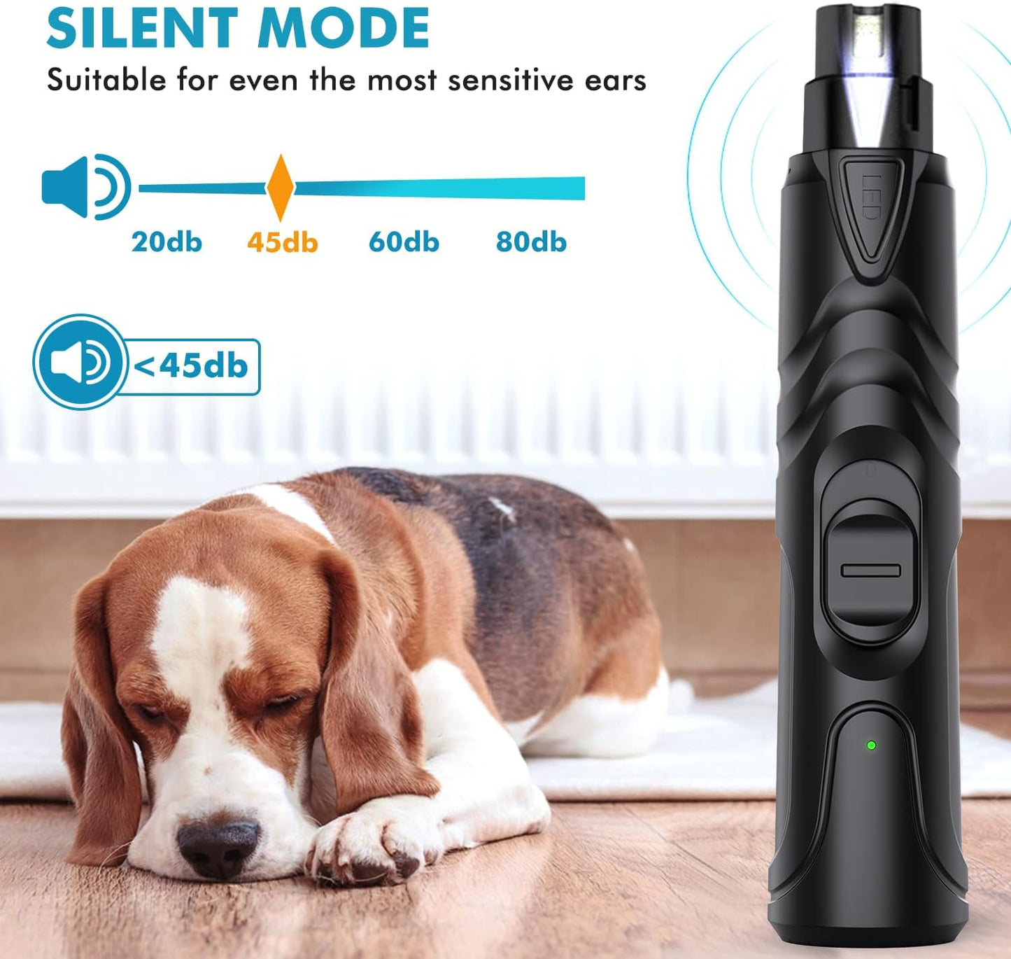 Professional Electric Dog Nail Grinder with LED Light - Silent and Safe Nail Trimmer for Dogs and Cats of All Breeds, Includes 3 Grinding Wheels and Nail Clipper (Black)