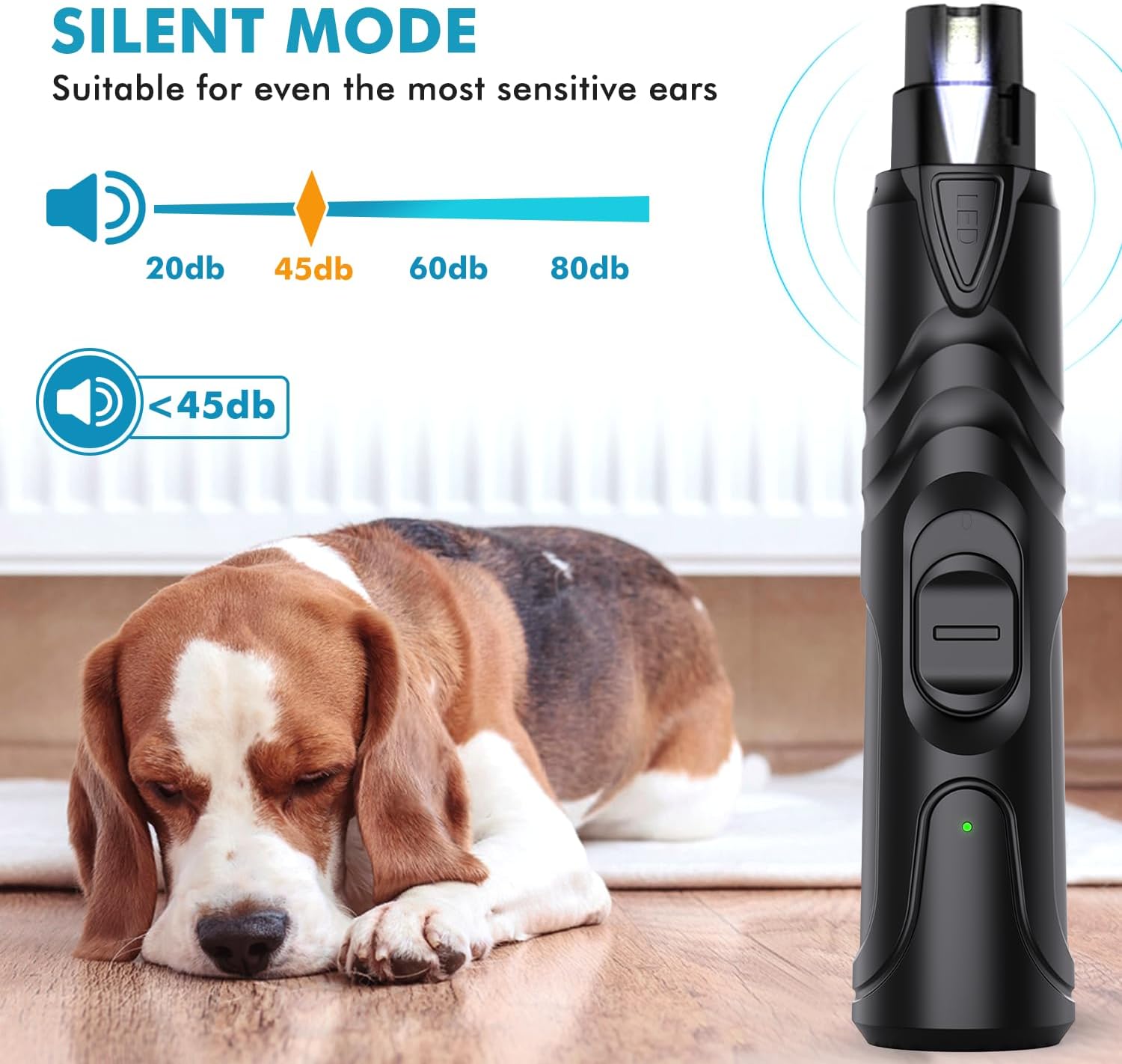 Professional Electric Dog Nail Grinder with LED Light - Silent and Safe Nail Trimmer for Dogs and Cats of All Breeds, Includes 3 Grinding Wheels and Nail Clipper (Black)
