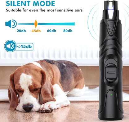 Professional Electric Dog Nail Grinder with LED Light - Silent and Safe Nail Trimmer for Dogs and Cats of All Breeds, Includes 3 Grinding Wheels and Nail Clipper (Black)
