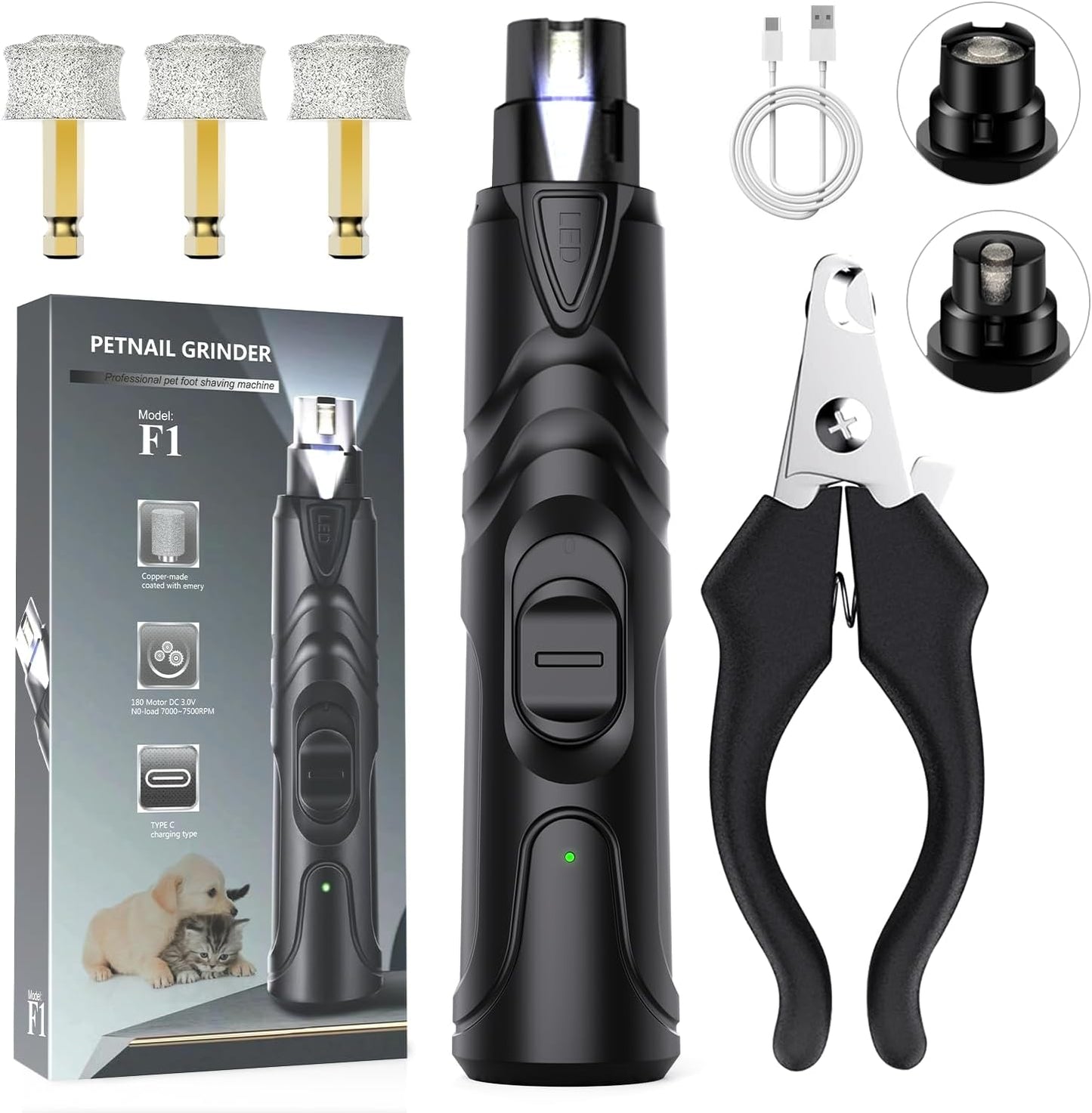 Professional Electric Dog Nail Grinder with LED Light - Silent and Safe Nail Trimmer for Dogs and Cats of All Breeds, Includes 3 Grinding Wheels and Nail Clipper (Black)
