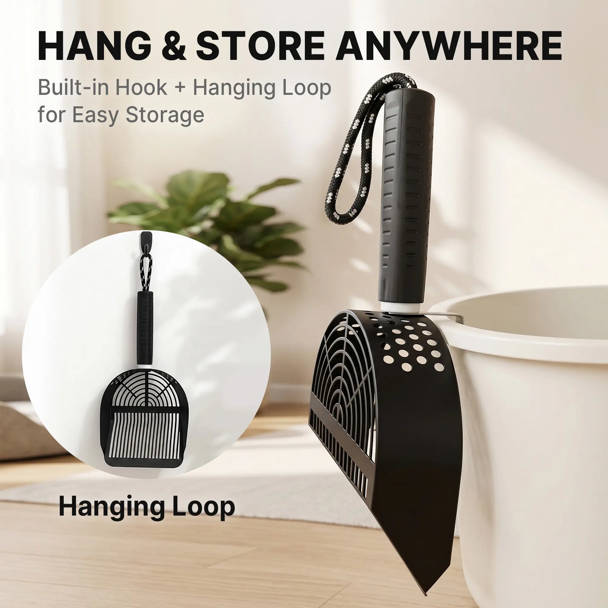 Potaroma Heavy-Duty Stainless Steel One-Piece Cat Litter Scoop with Fast Sifting Flat Edge and Rust Resistance, Includes Hook & Loop for Convenient Hanging