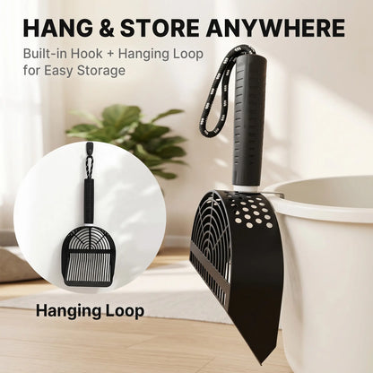 Potaroma Heavy-Duty Stainless Steel One-Piece Cat Litter Scoop with Fast Sifting Flat Edge and Rust Resistance, Includes Hook & Loop for Convenient Hanging