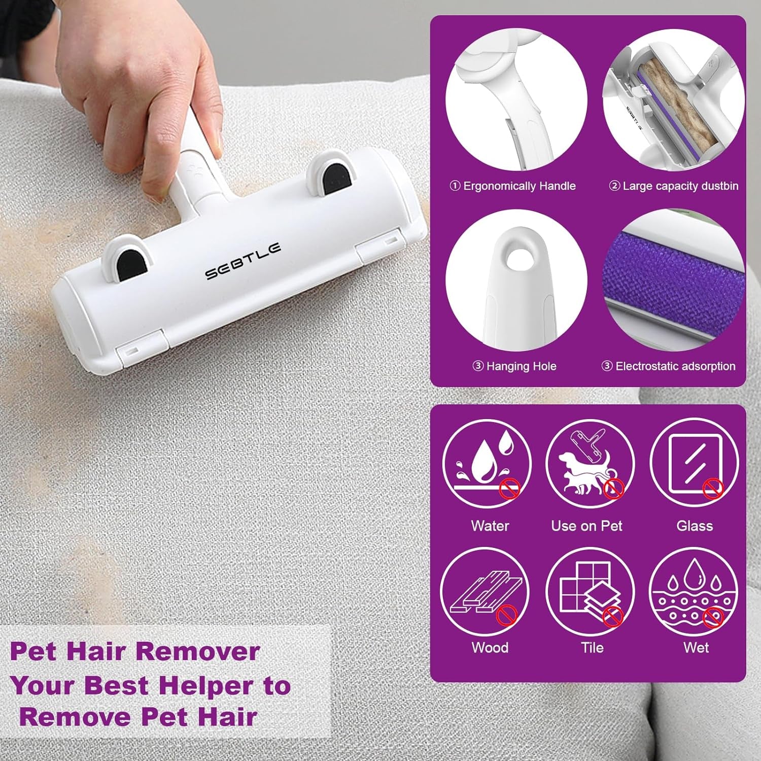 Reusable Pet Hair Remover Roller - Effective Lint Brush for Dogs and Cats, Ideal for Cleaning Fur from Carpets, Sofas, Bedding, Furniture, and Rugs, White