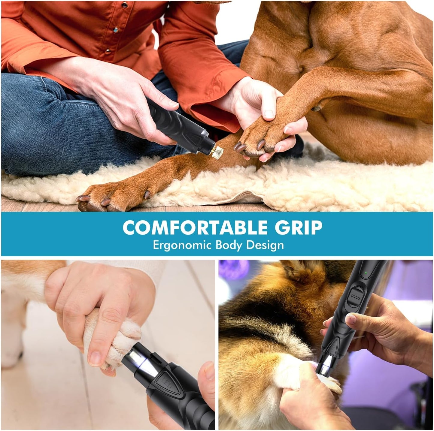 Professional Electric Dog Nail Grinder with LED Light - Silent and Safe Nail Trimmer for Dogs and Cats of All Breeds, Includes 3 Grinding Wheels and Nail Clipper (Black)