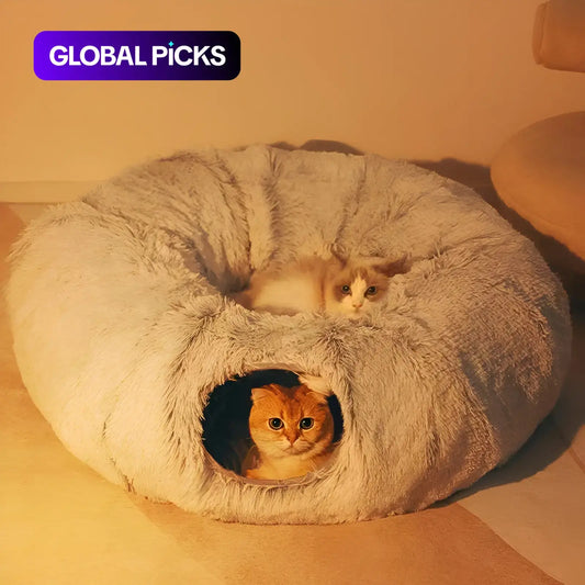 2-in-1 Foldable Winter Warm Pet Bed and Tunnel for Cats and Kittens, Plush Design with Hanging Ball and Tunnel Buckle, Ideal for Indoor and Outdoor Use