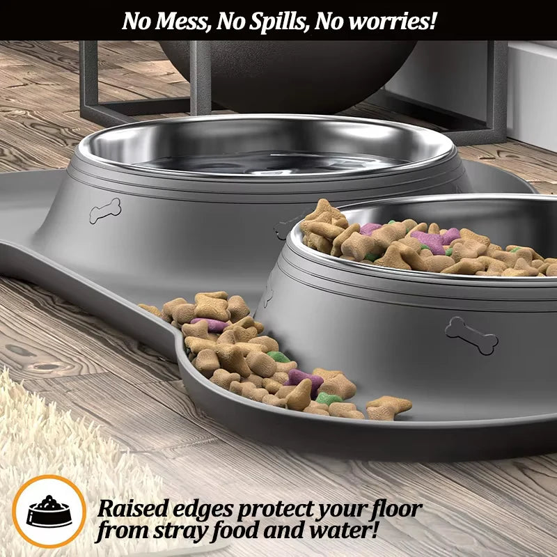 Stainless Steel Slow Feeder Dog Bowl Set with Non-Slip Silicone Mat - 2-in-1 Waterproof Feeding Station for Large, Medium, and Small Breeds