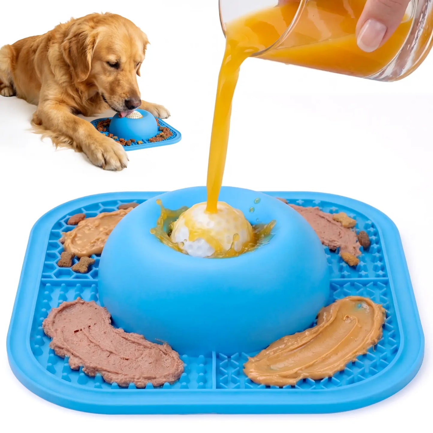 Anti-Slip Slow Feeder Dog Bowl and Lick Mat with Interactive Rolling Ball for Liquid and Thick Treats, Suitable for Large, Medium, and Small Dogs and Cats - Blue, 5/6 Cup Capacity