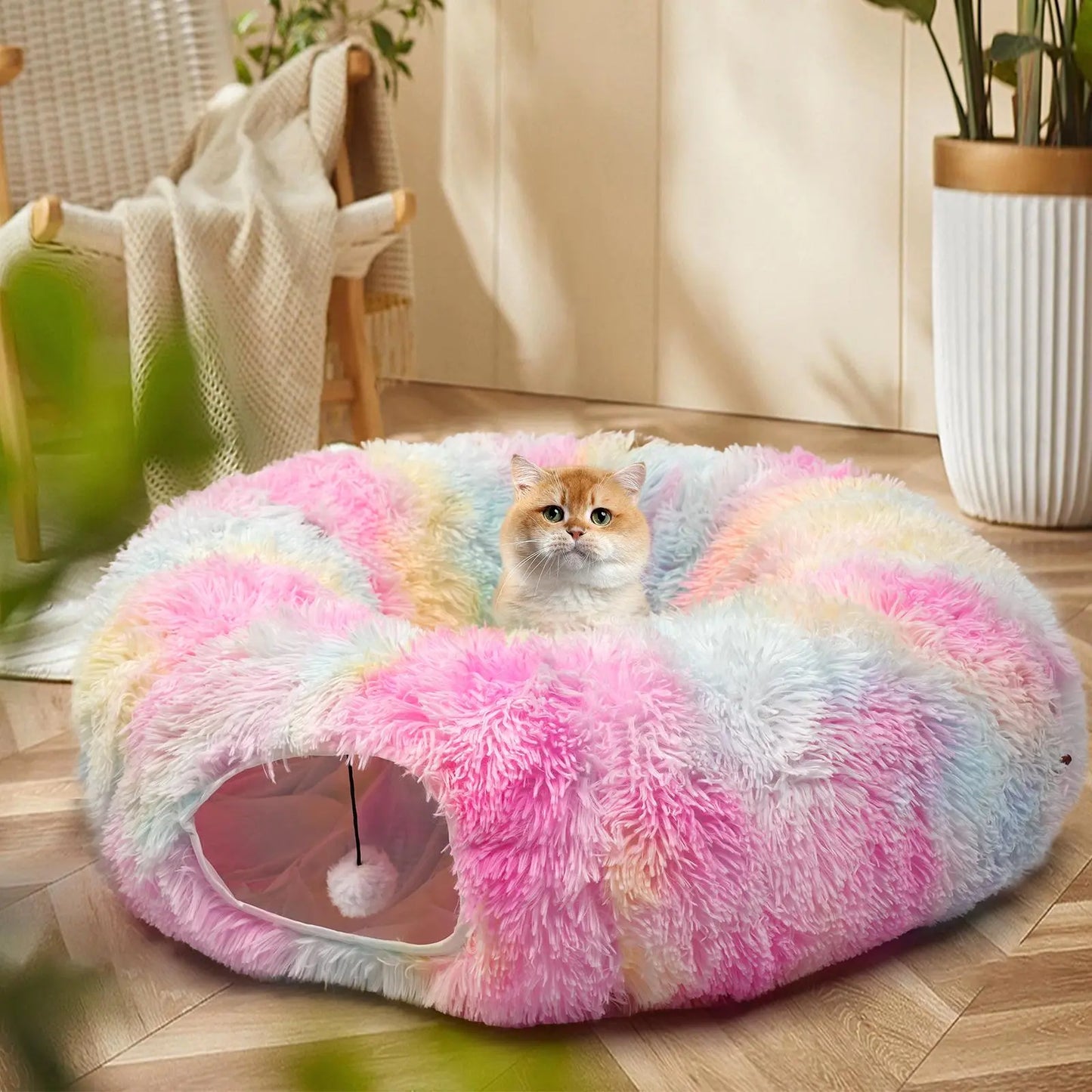 2-in-1 Foldable Winter Warm Pet Bed and Tunnel for Cats and Kittens, Plush Design with Hanging Ball and Tunnel Buckle, Ideal for Indoor and Outdoor Use