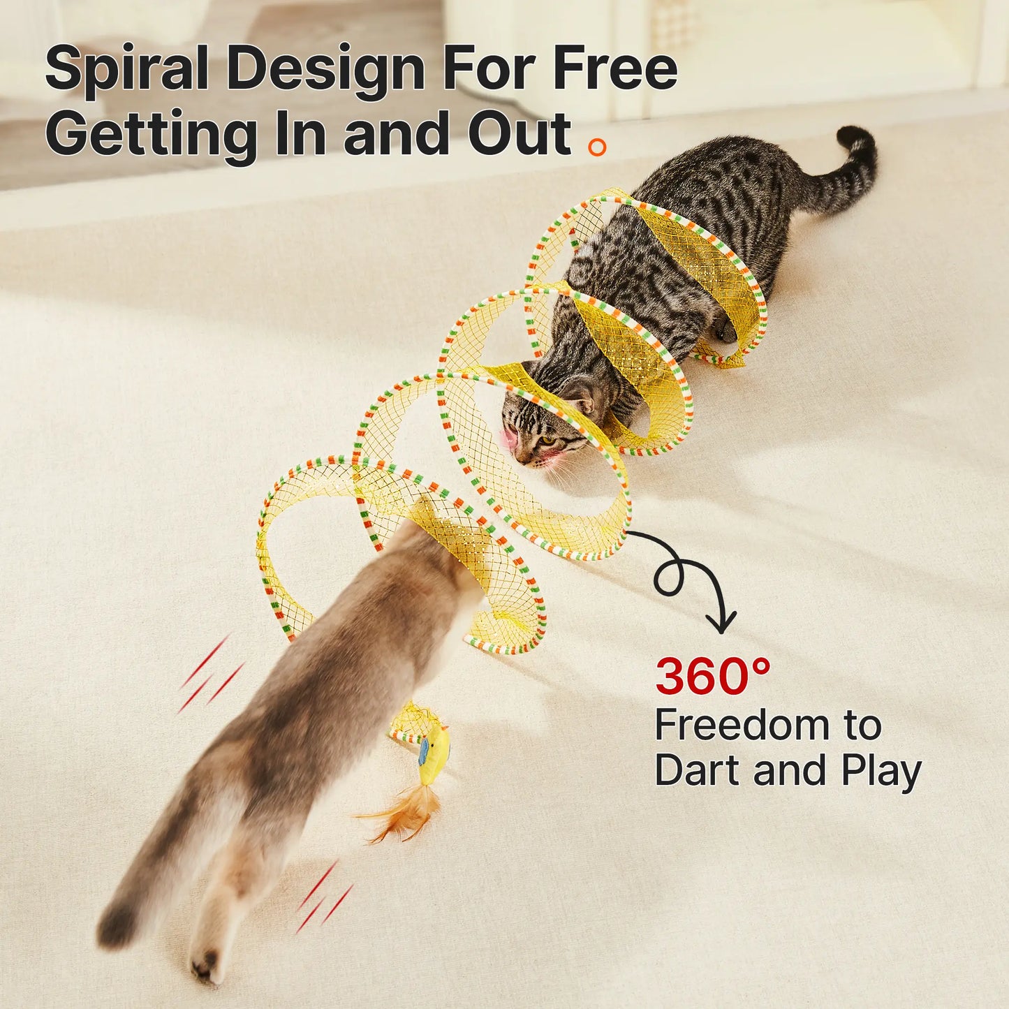Potaroma Collapsible Spiral Cat Tunnel Toy with Feather and Bell for Indoor Cats, 20" Unfolded