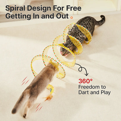 Potaroma Collapsible Spiral Cat Tunnel Toy with Feather and Bell for Indoor Cats, 20" Unfolded