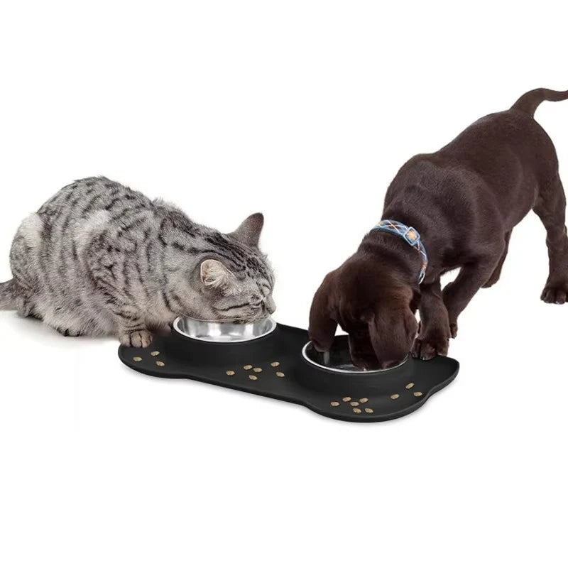 Stainless Steel Slow Feeder Dog Bowl Set with Non-Slip Silicone Mat - 2-in-1 Waterproof Feeding Station for Large, Medium, and Small Breeds
