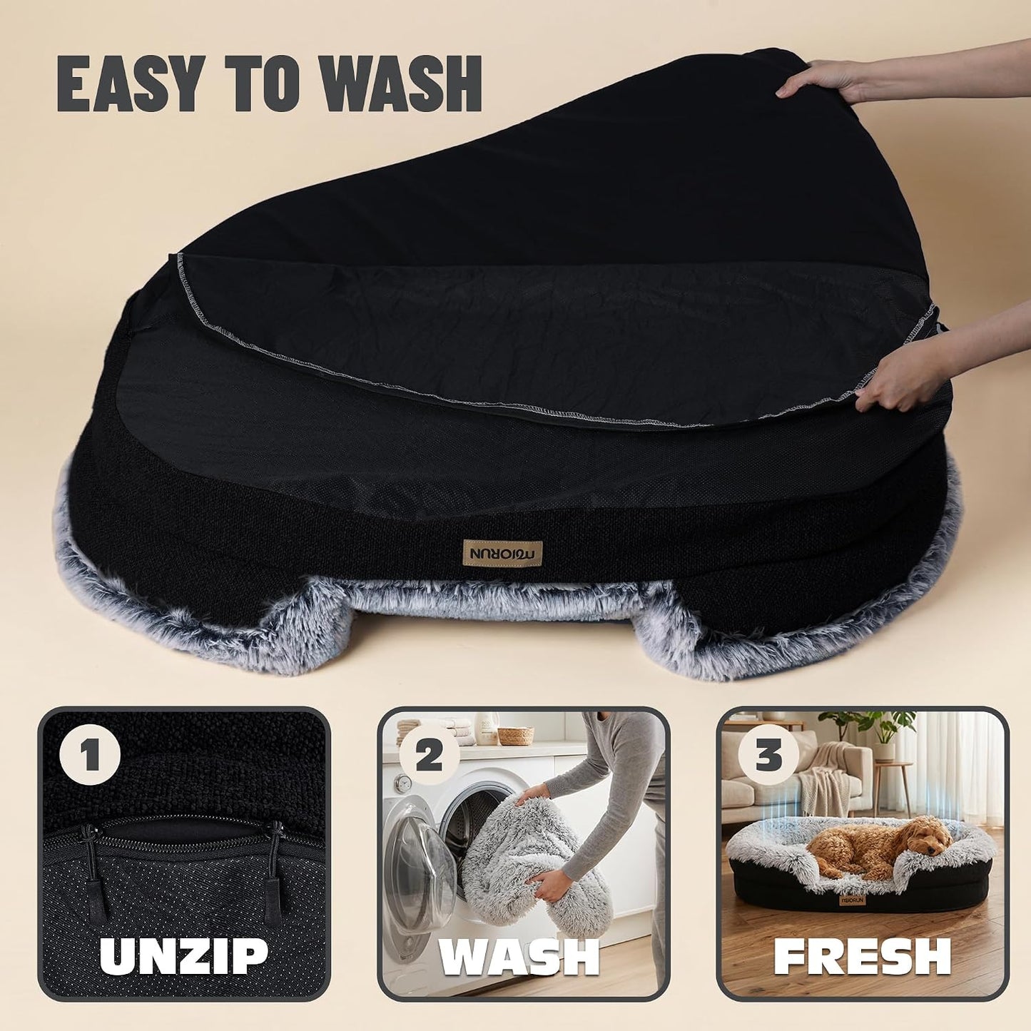 Premium Large Orthopedic Dog Bed with Bolster - 90cm, Plush Faux Fur, Easy Access Design, Washable Cover, Waterproof Liner, Ideal Support for Extra-Large Breeds